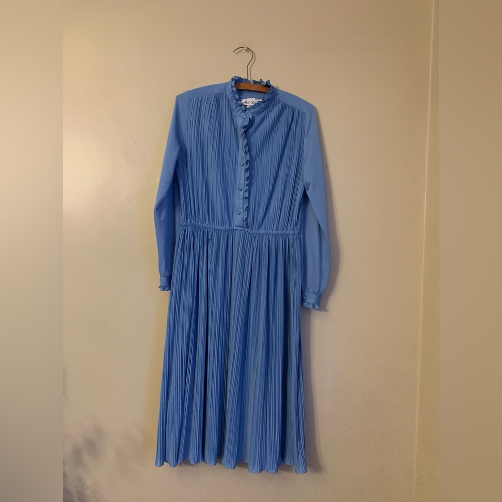 Hal Ferman Vintage Dress Pleated Blue Accordion Flared Skirt Long Sleeve 70’s